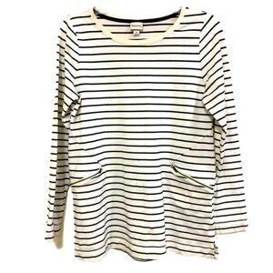 Merona Tunic Top Women’s Medium White Navy Blue Stripes  Crew Neck Zip Pockets.